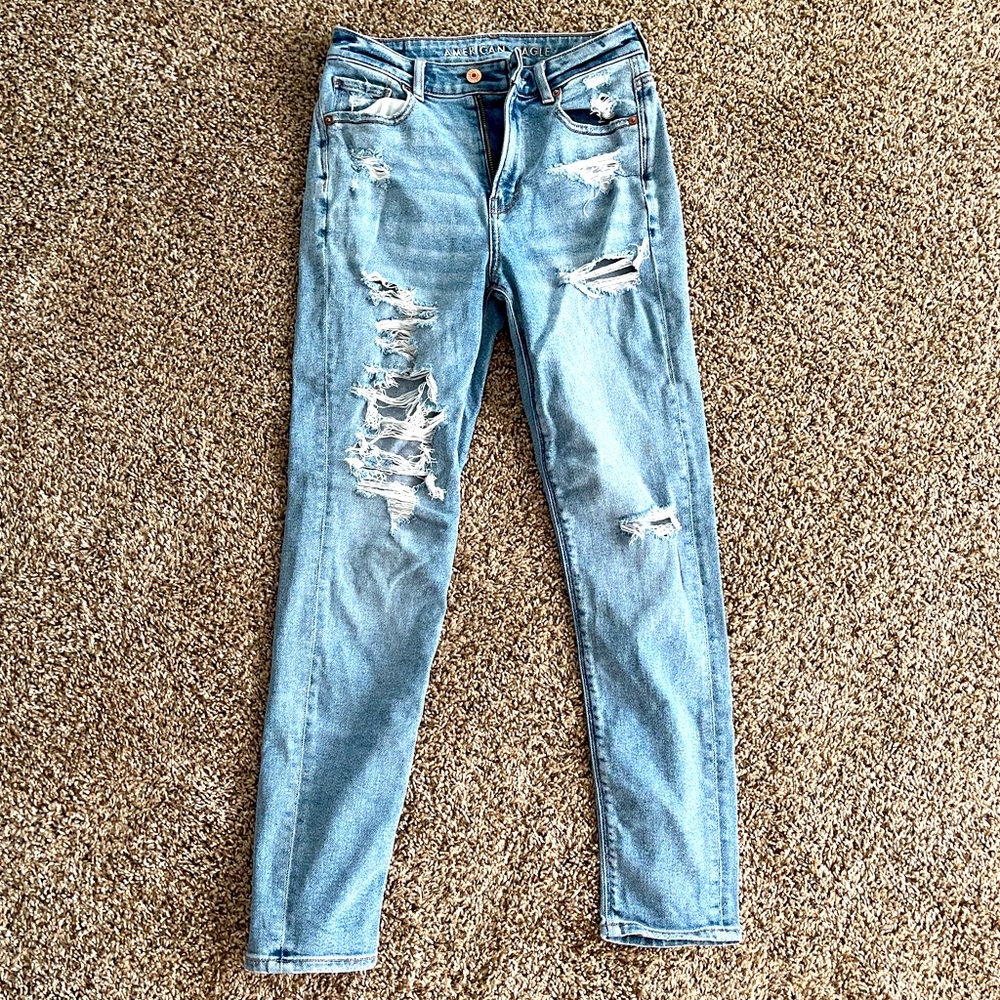 AE stretch mom jean destroyed denim